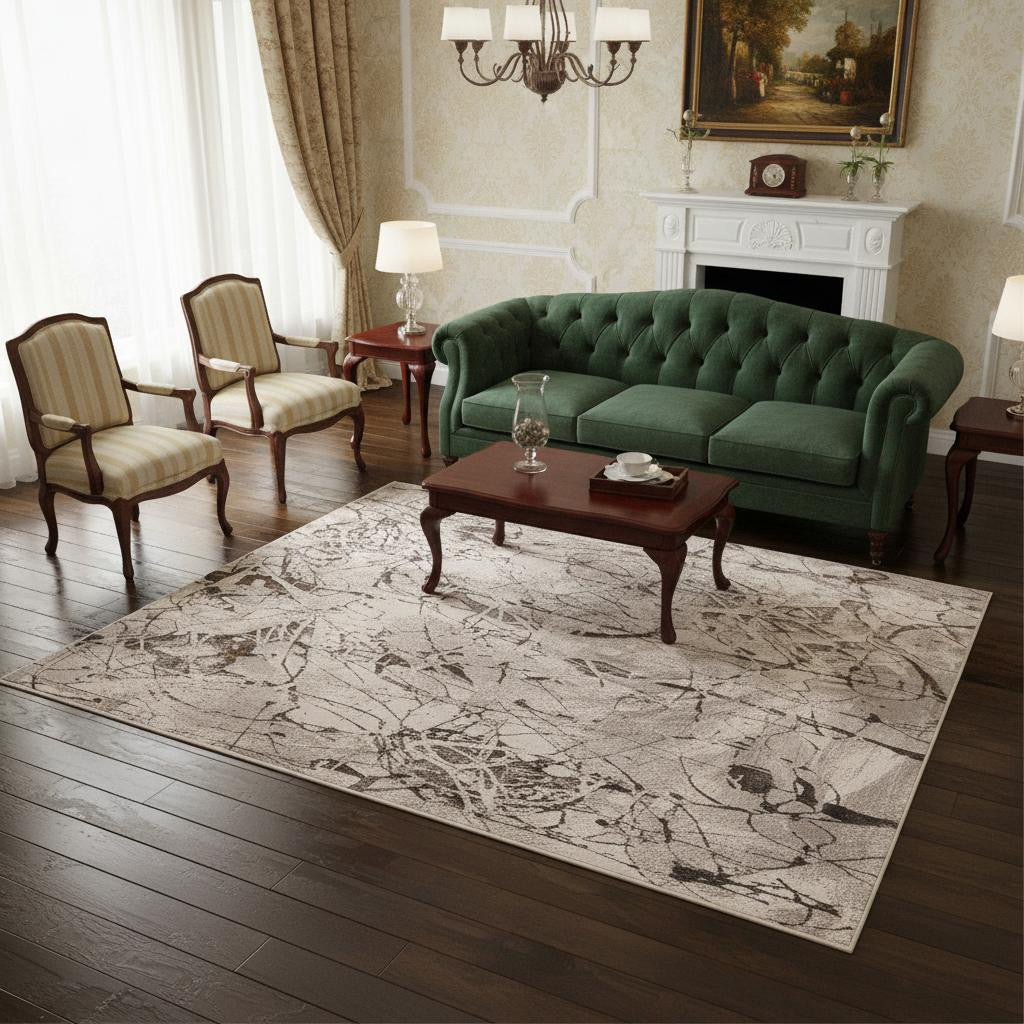3' X 5' Ivory Gray And Brown Abstract Area Rug-Area Rugs-DECOROLALA