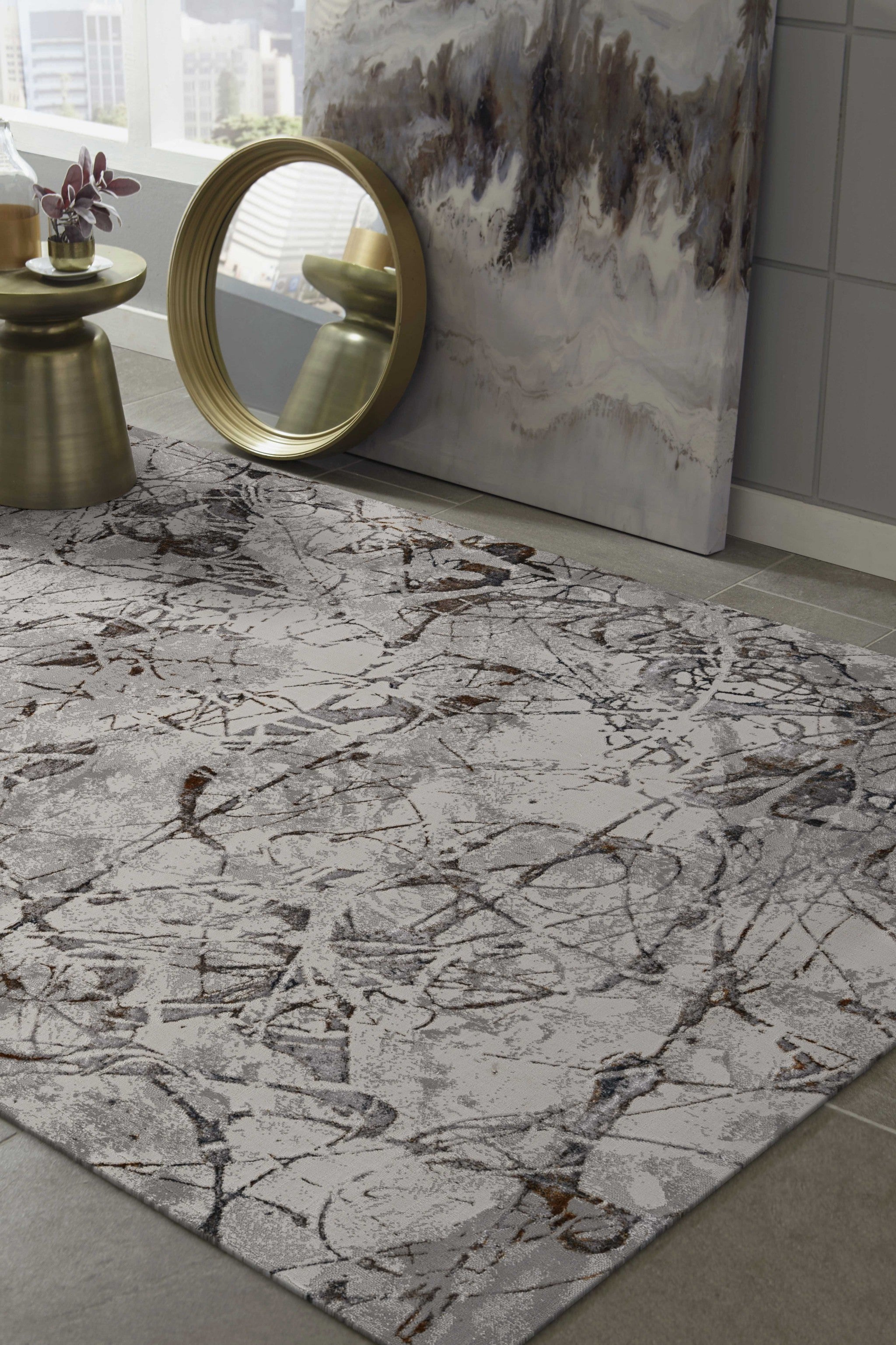 3' X 5' Ivory Gray And Brown Abstract Area Rug-Area Rugs-DECOROLALA