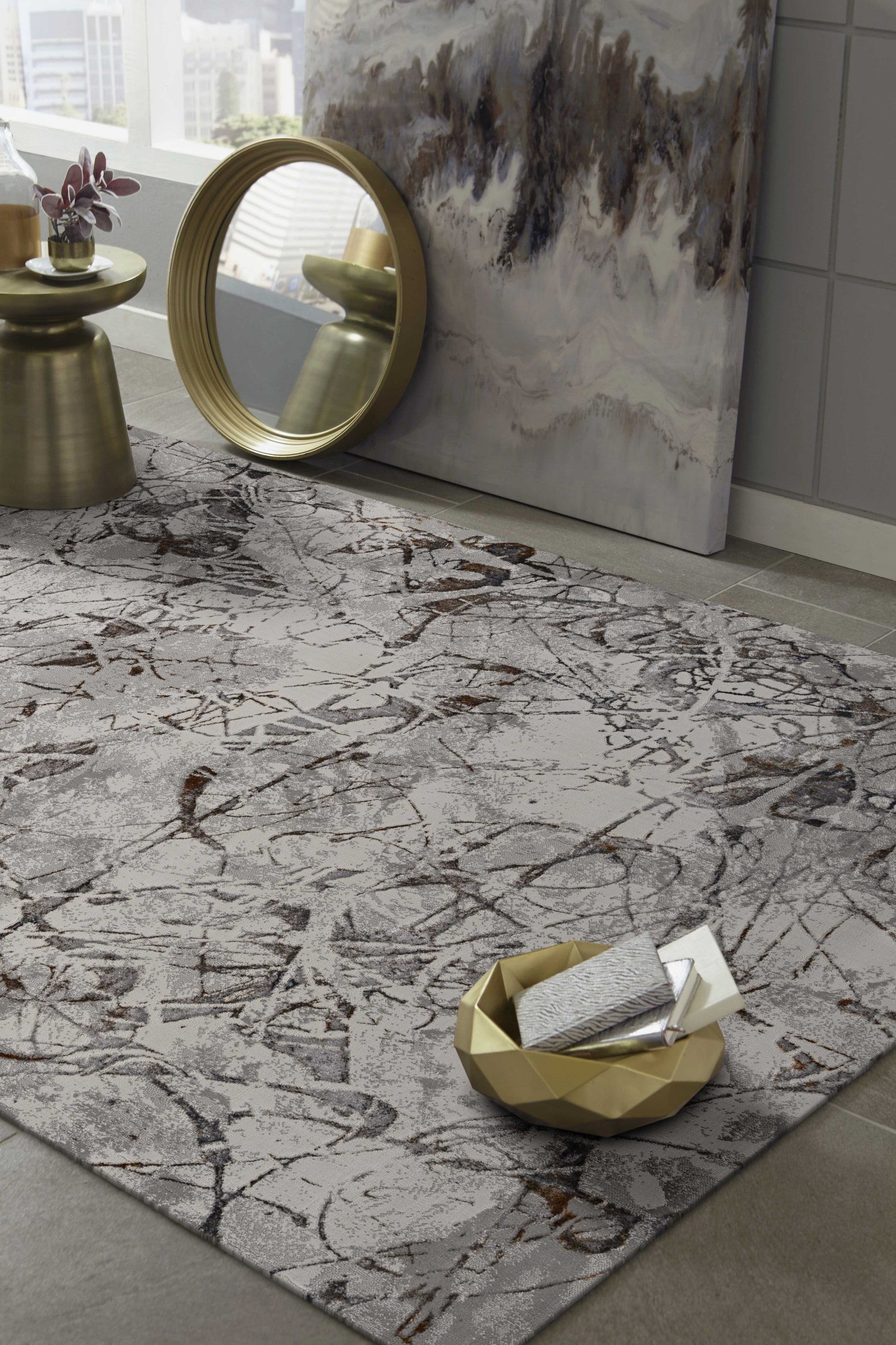 3' X 5' Ivory Gray And Brown Abstract Area Rug-Area Rugs-DECOROLALA