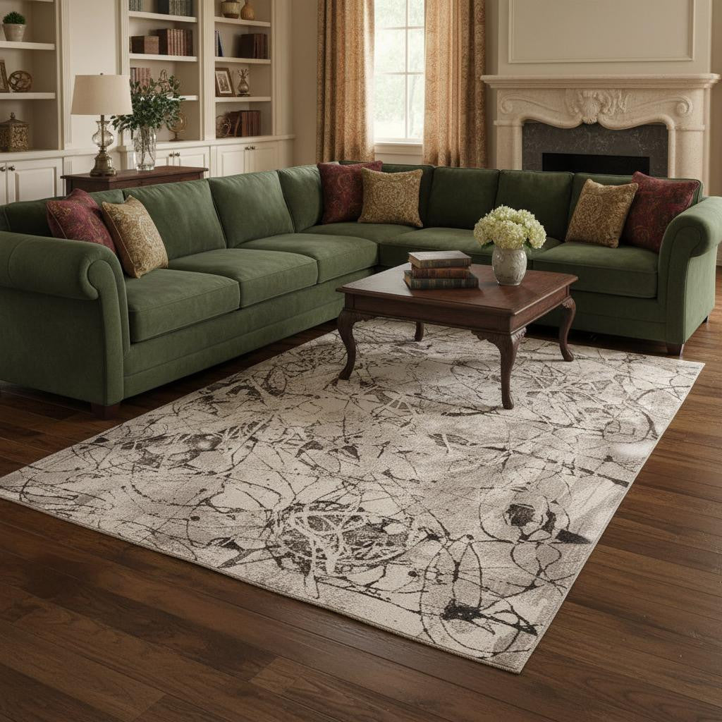 3' X 5' Ivory Gray And Brown Abstract Area Rug-Area Rugs-DECOROLALA