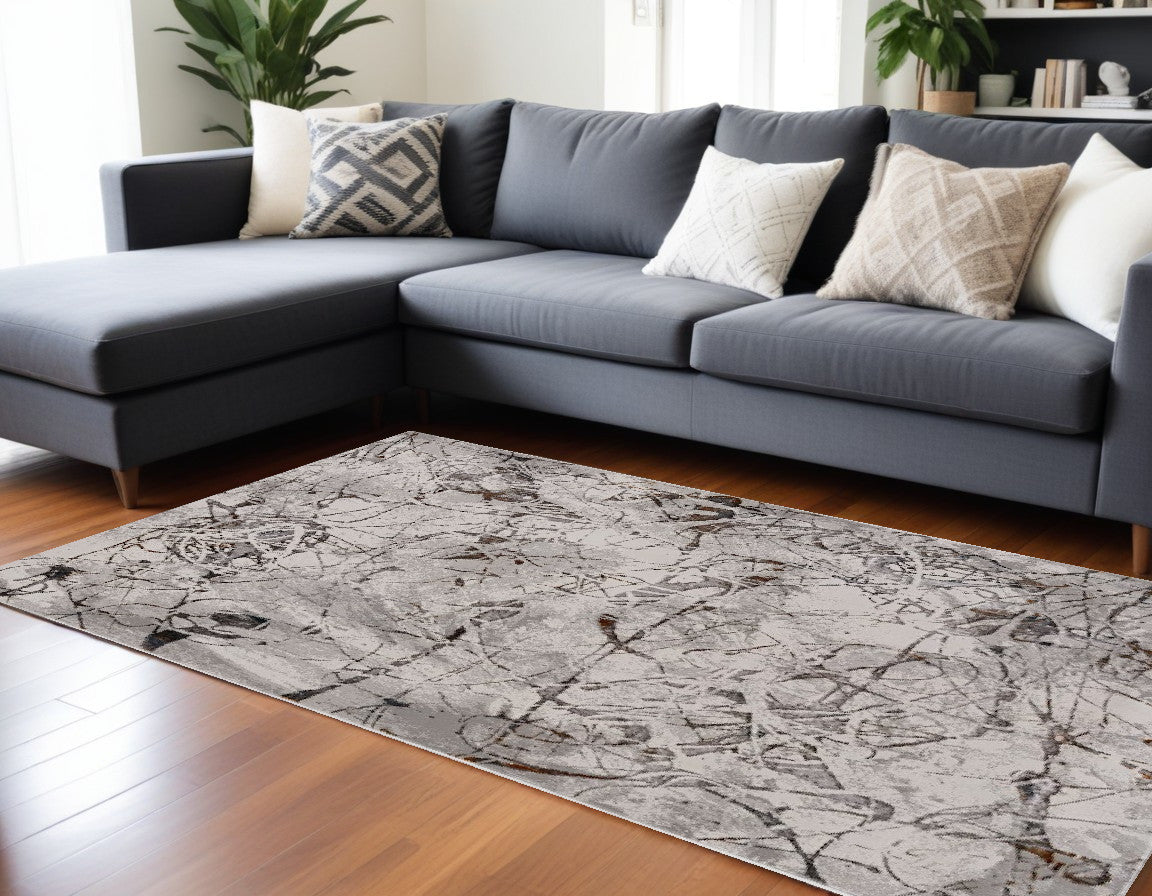 3' X 5' Ivory Gray And Brown Abstract Area Rug-Area Rugs-DECOROLALA
