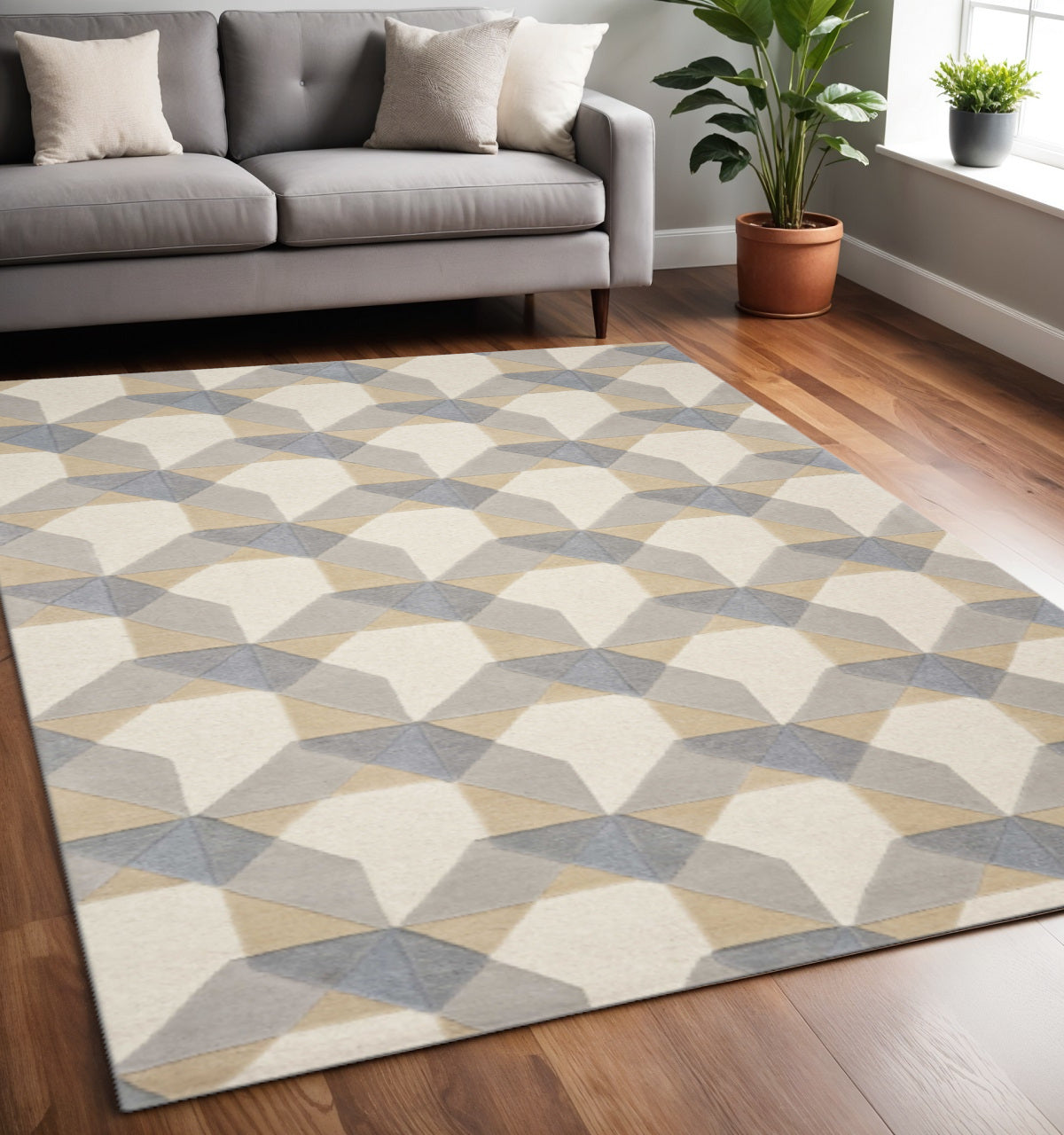 3' X 5' Ivory Gray And Cream Wool Geometric Area Rug-Area Rugs-DECOROLALA