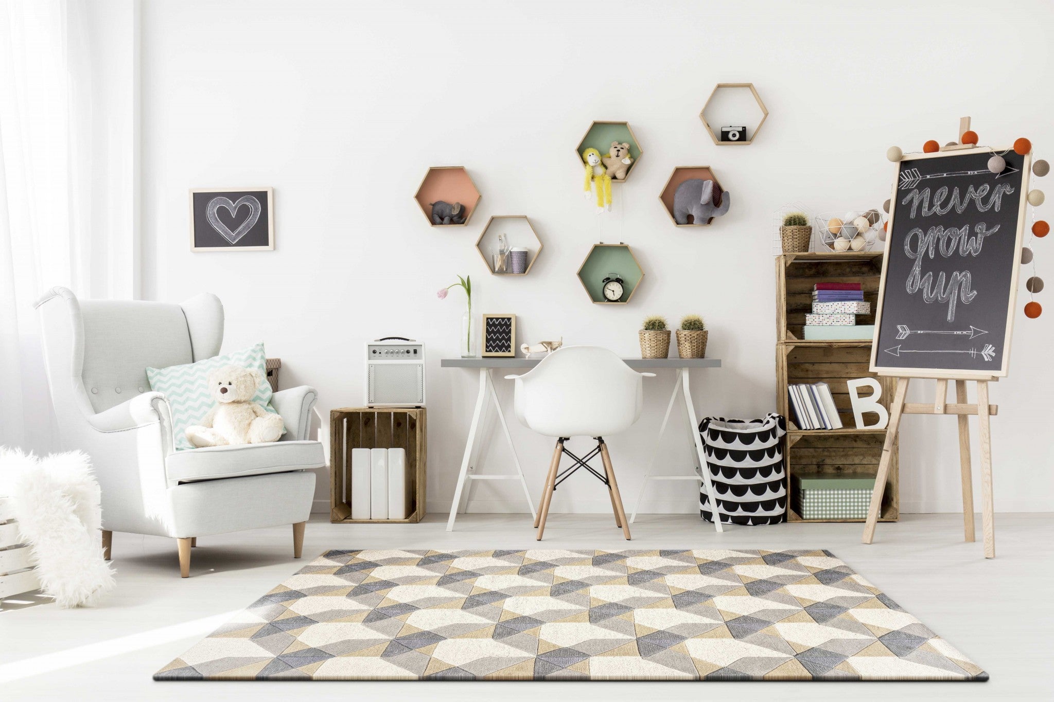 3' X 5' Ivory Gray And Cream Wool Geometric Area Rug-Area Rugs-DECOROLALA