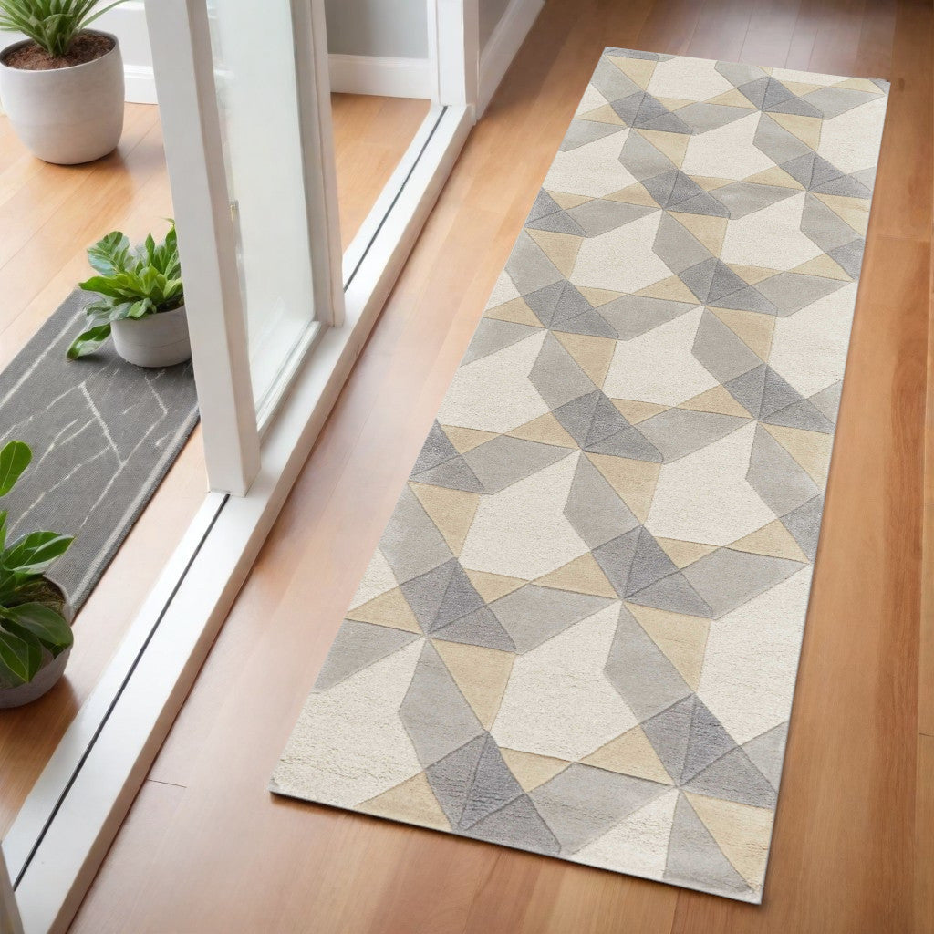 3' X 5' Ivory Gray And Cream Wool Geometric Area Rug-Area Rugs-DECOROLALA