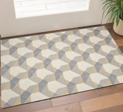 3' X 5' Ivory Gray And Cream Wool Geometric Area Rug-Area Rugs-DECOROLALA