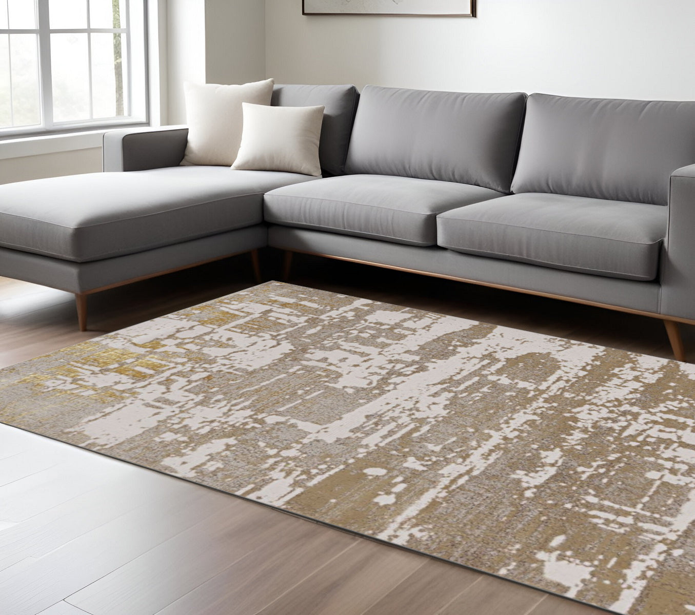 3' X 5' Ivory Taupe And Gold Abstract Area Rug-Area Rugs-DECOROLALA