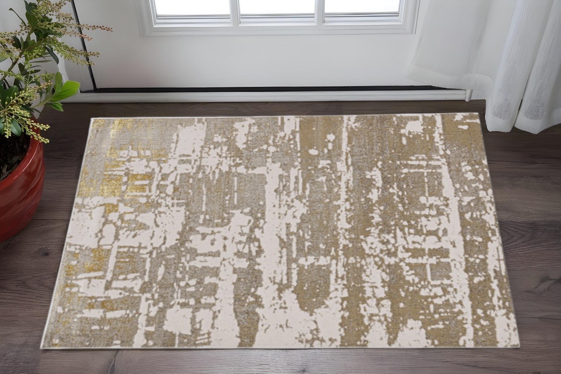 3' X 5' Ivory Taupe And Gold Abstract Area Rug-Area Rugs-DECOROLALA