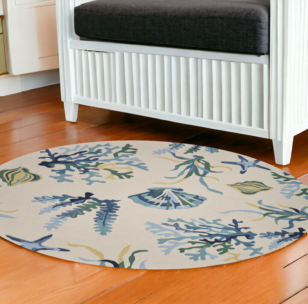 3' X 5' Ivory and Blue Seashell and Coral Hand Tufted Area Rug-Area Rugs-DECOROLALA