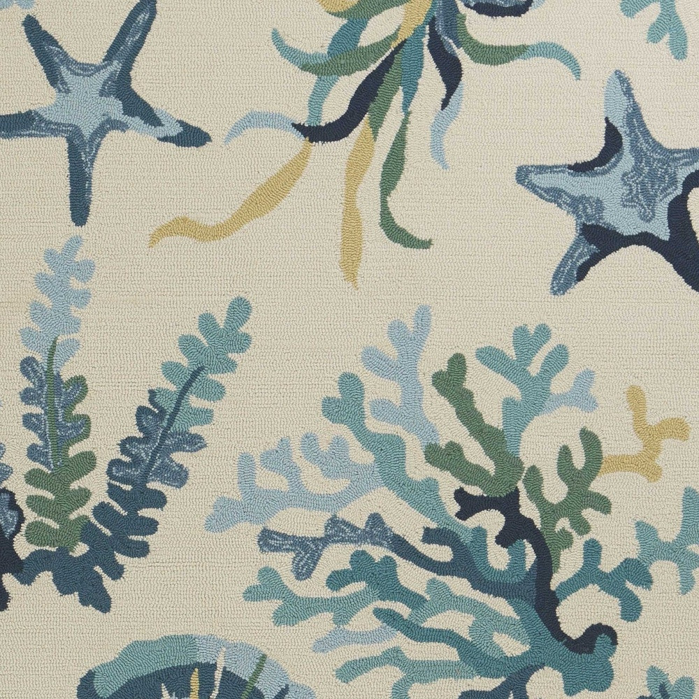3' X 5' Ivory and Blue Seashell and Coral Hand Tufted Area Rug-Area Rugs-DECOROLALA
