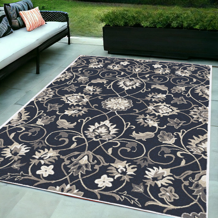 3' X 5' Navy Blue Floral Indoor Outdoor Area Rug-Outdoor Rugs-DECOROLALA
