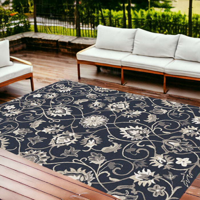 3' X 5' Navy Blue Floral Indoor Outdoor Area Rug-Outdoor Rugs-DECOROLALA