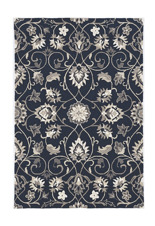 3' X 5' Navy Blue Floral Indoor Outdoor Area Rug-Outdoor Rugs-DECOROLALA