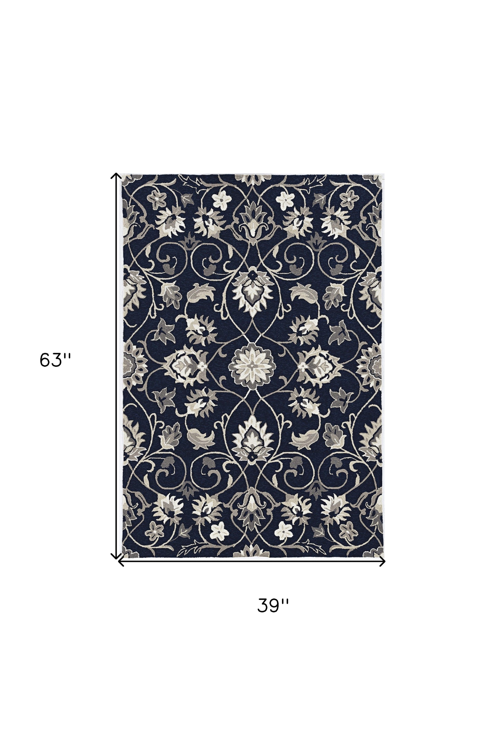 3' X 5' Navy Blue Floral Indoor Outdoor Area Rug-Outdoor Rugs-DECOROLALA