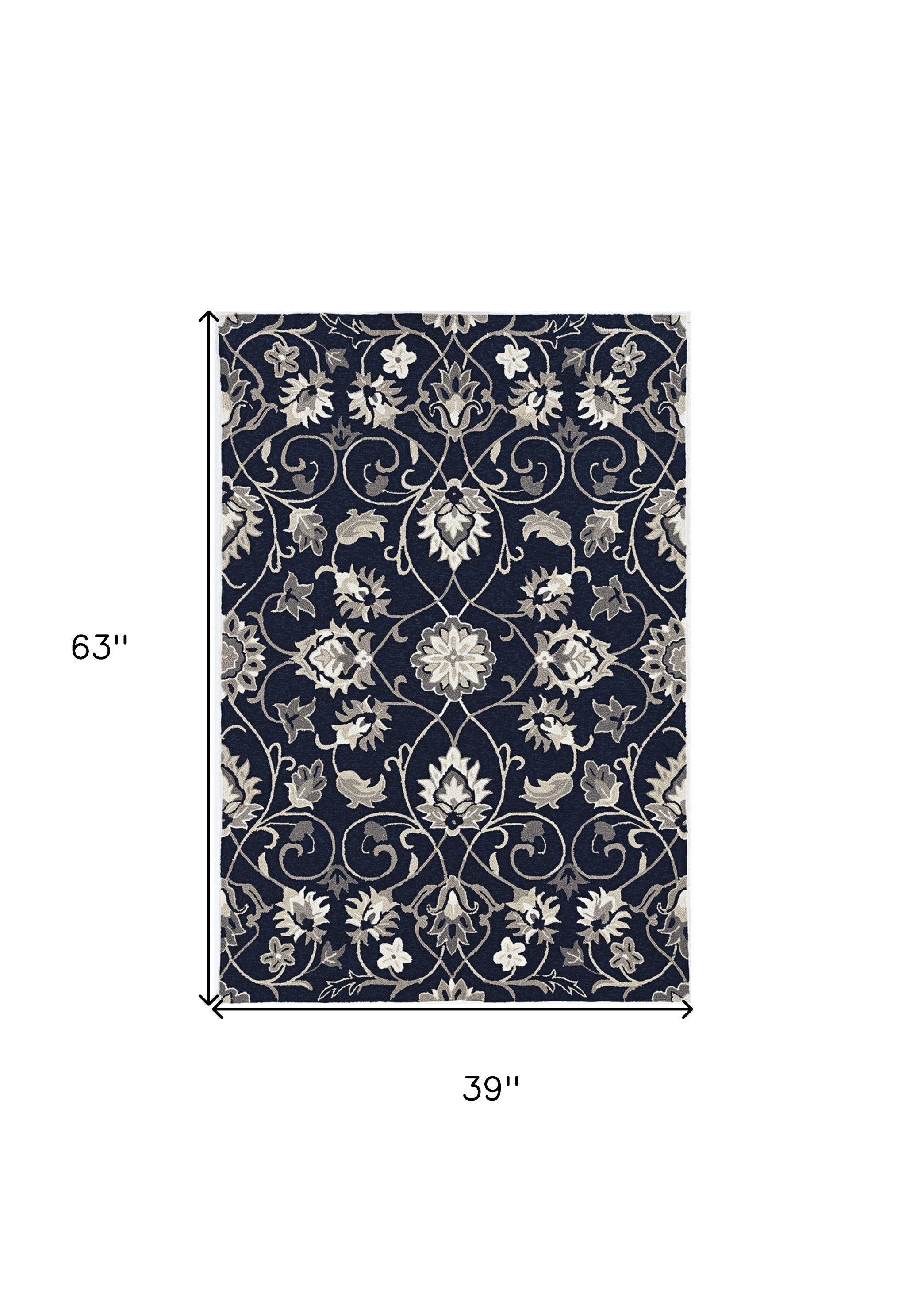 3' X 5' Navy Blue Floral Indoor Outdoor Area Rug-Outdoor Rugs-DECOROLALA