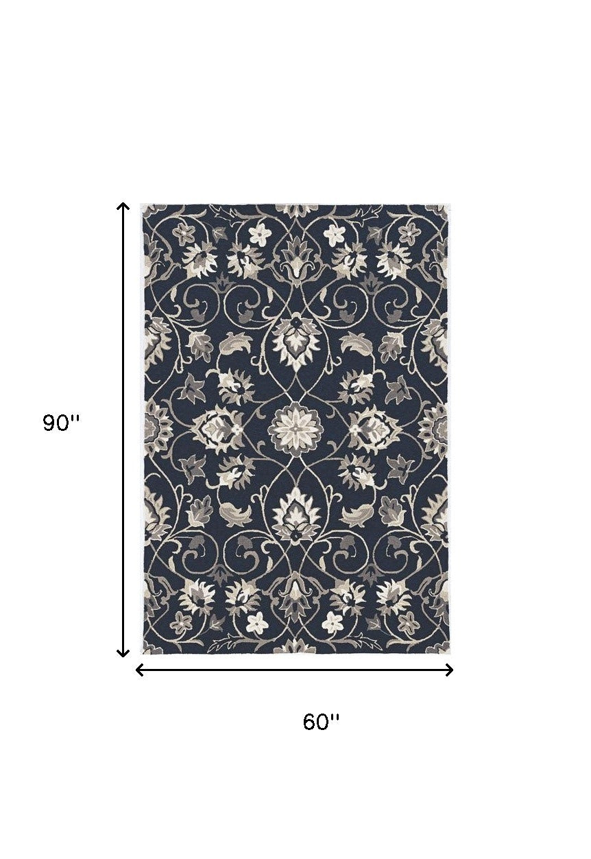 3' X 5' Navy Blue Floral Indoor Outdoor Area Rug-Outdoor Rugs-DECOROLALA