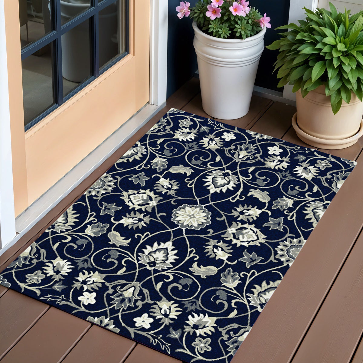 3' X 5' Navy Blue Floral Indoor Outdoor Area Rug-Outdoor Rugs-DECOROLALA