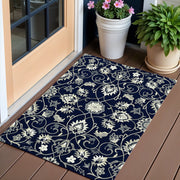 3' X 5' Navy Blue Floral Indoor Outdoor Area Rug-Outdoor Rugs-DECOROLALA