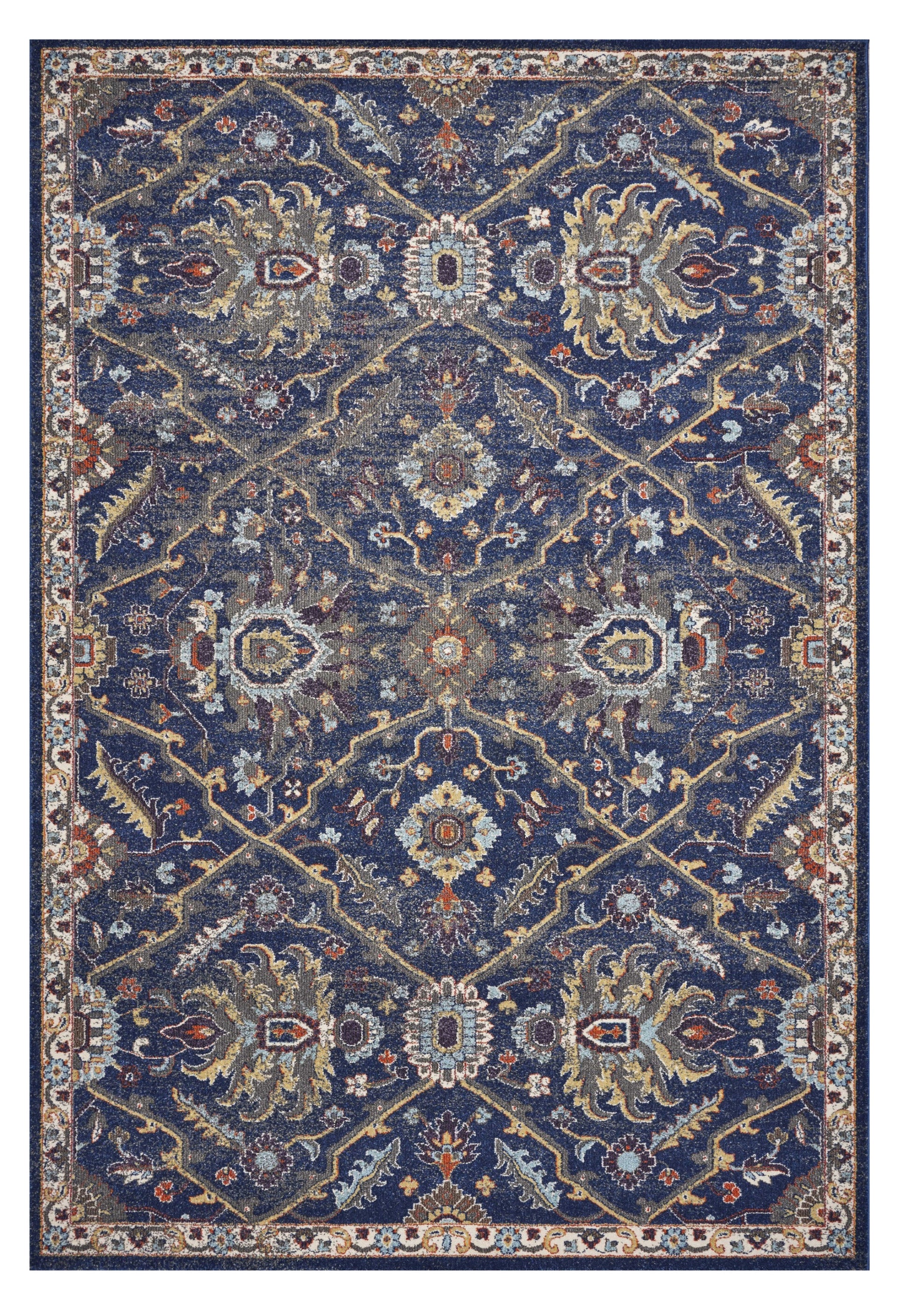 3' X 5' Royal Blue Gold And Gray Medallion Area Rug-Area Rugs-DECOROLALA