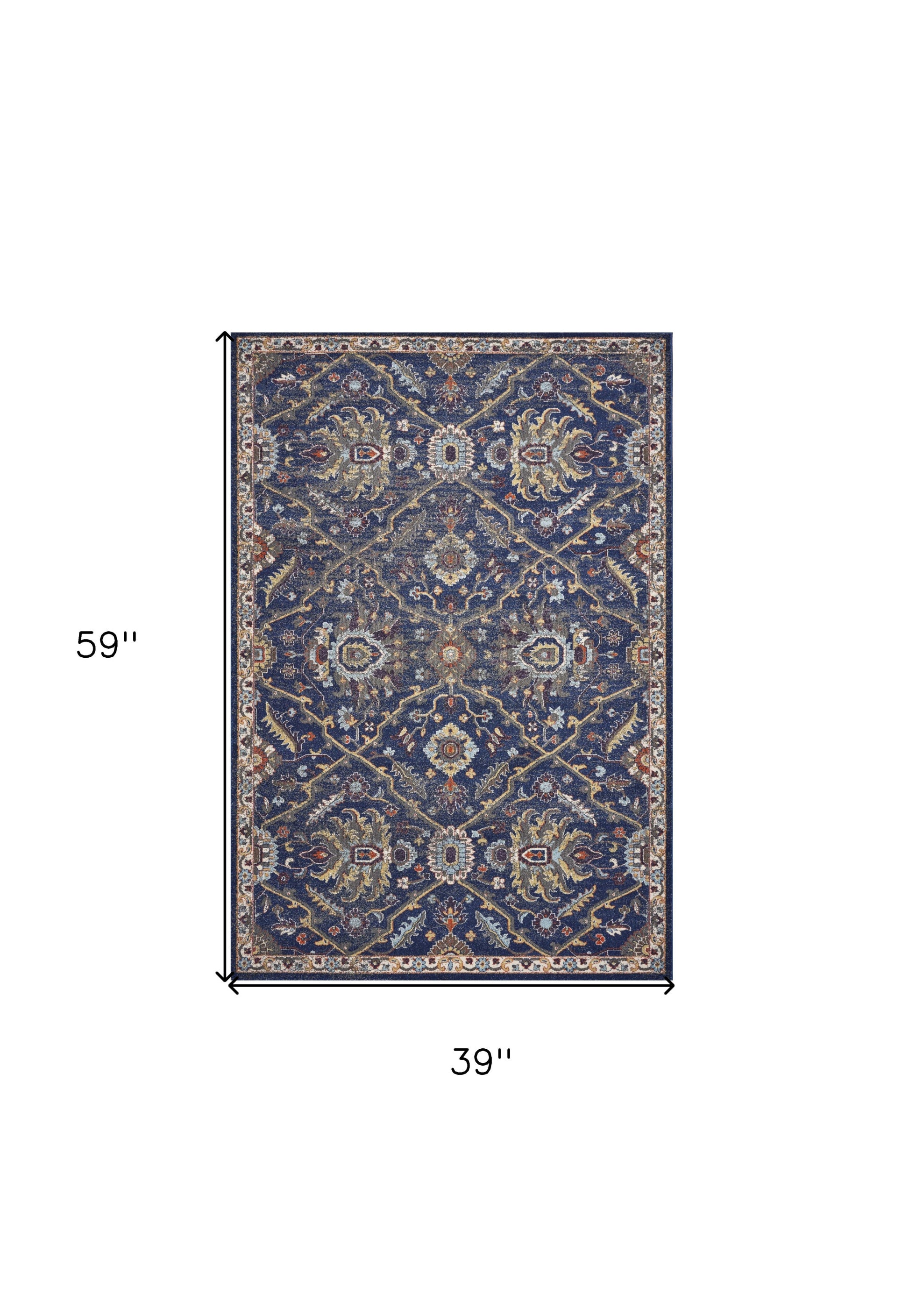 3' X 5' Royal Blue Gold And Gray Medallion Area Rug-Area Rugs-DECOROLALA