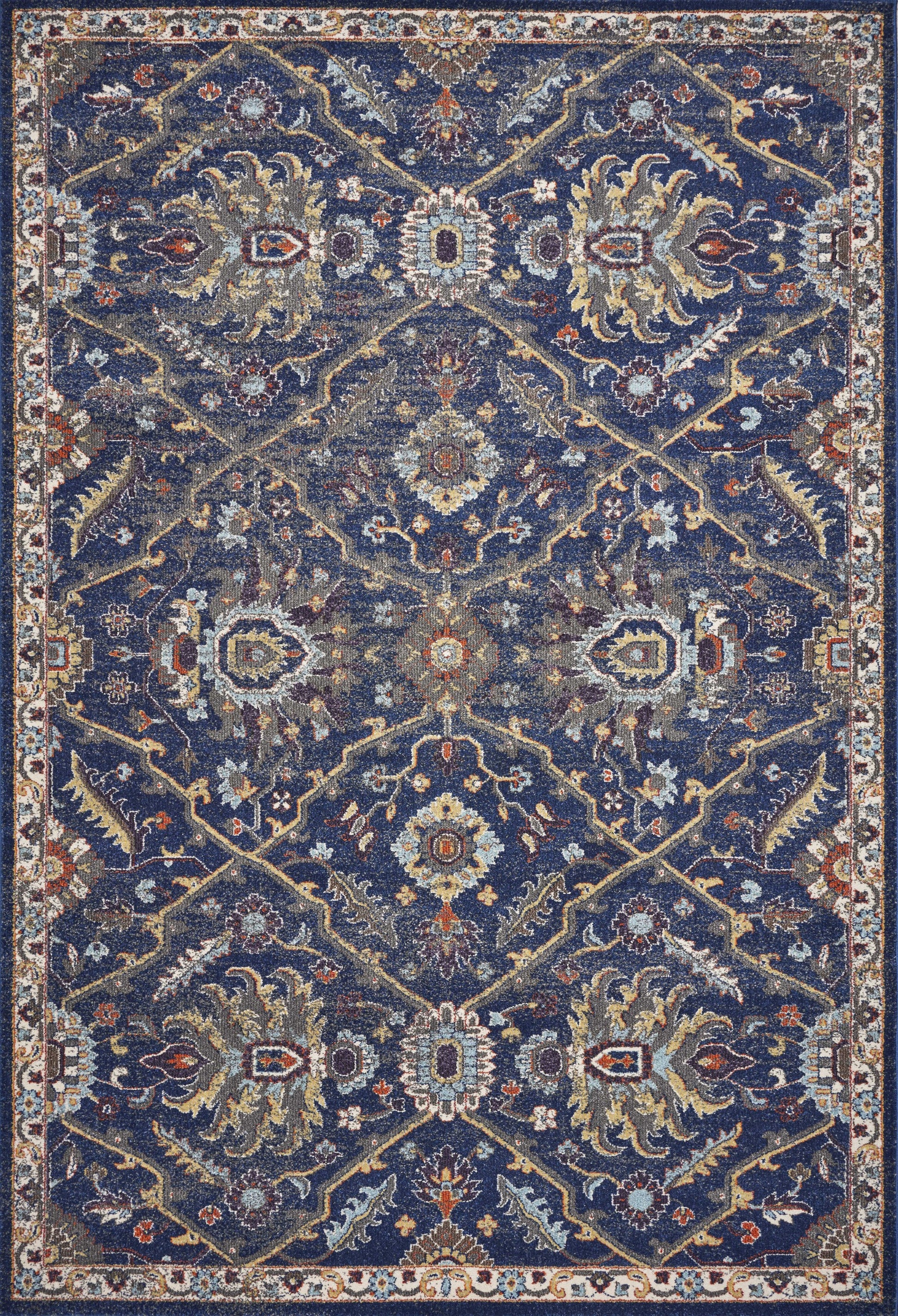 3' X 5' Royal Blue Gold And Gray Medallion Area Rug-Area Rugs-DECOROLALA
