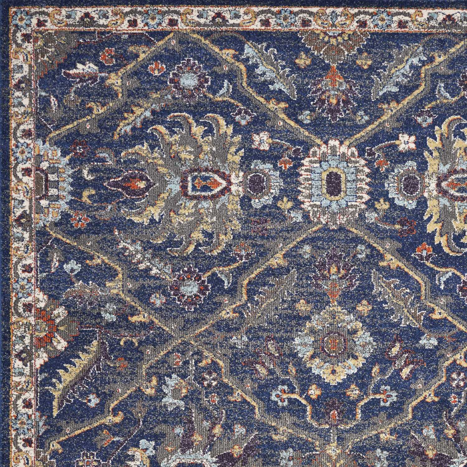 3' X 5' Royal Blue Gold And Gray Medallion Area Rug-Area Rugs-DECOROLALA