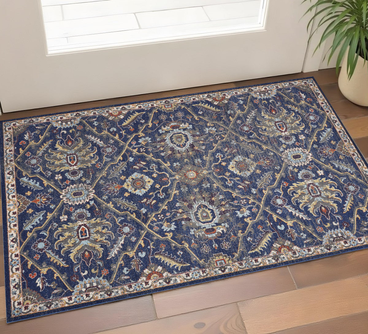 3' X 5' Royal Blue Gold And Gray Medallion Area Rug-Area Rugs-DECOROLALA