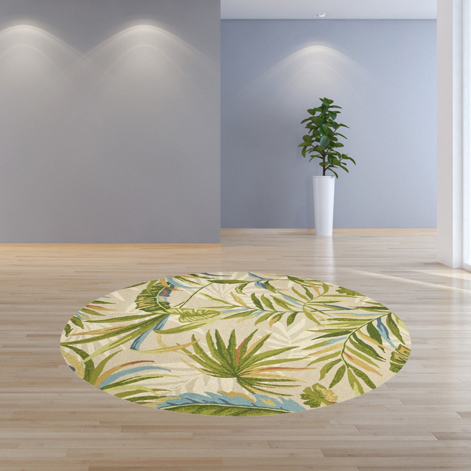 3' X 5' Sand Green And Blue Botanical Leaves Hand Tufted Area Rug-Area Rugs-DECOROLALA