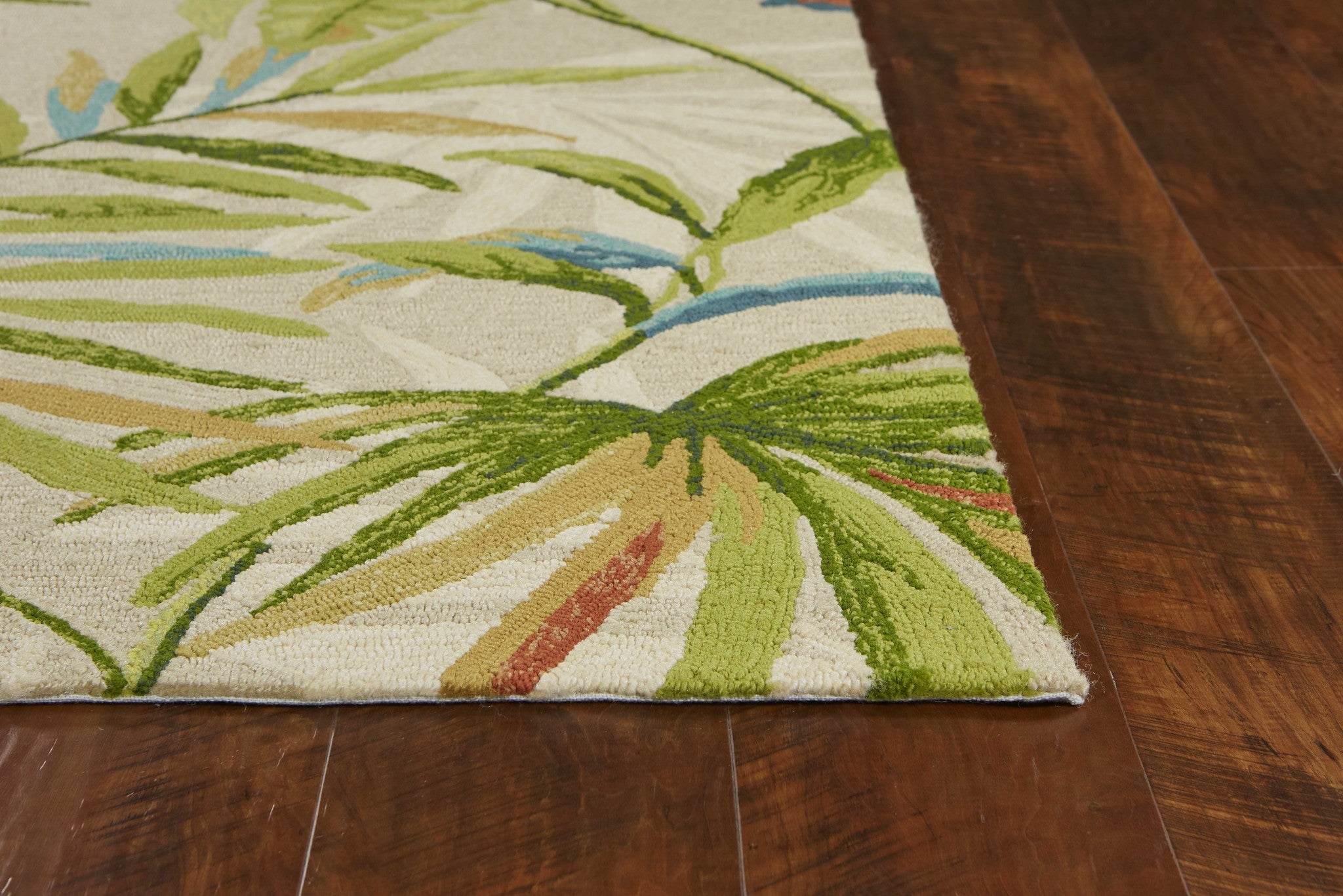 3' X 5' Sand Green And Blue Botanical Leaves Hand Tufted Area Rug-Area Rugs-DECOROLALA