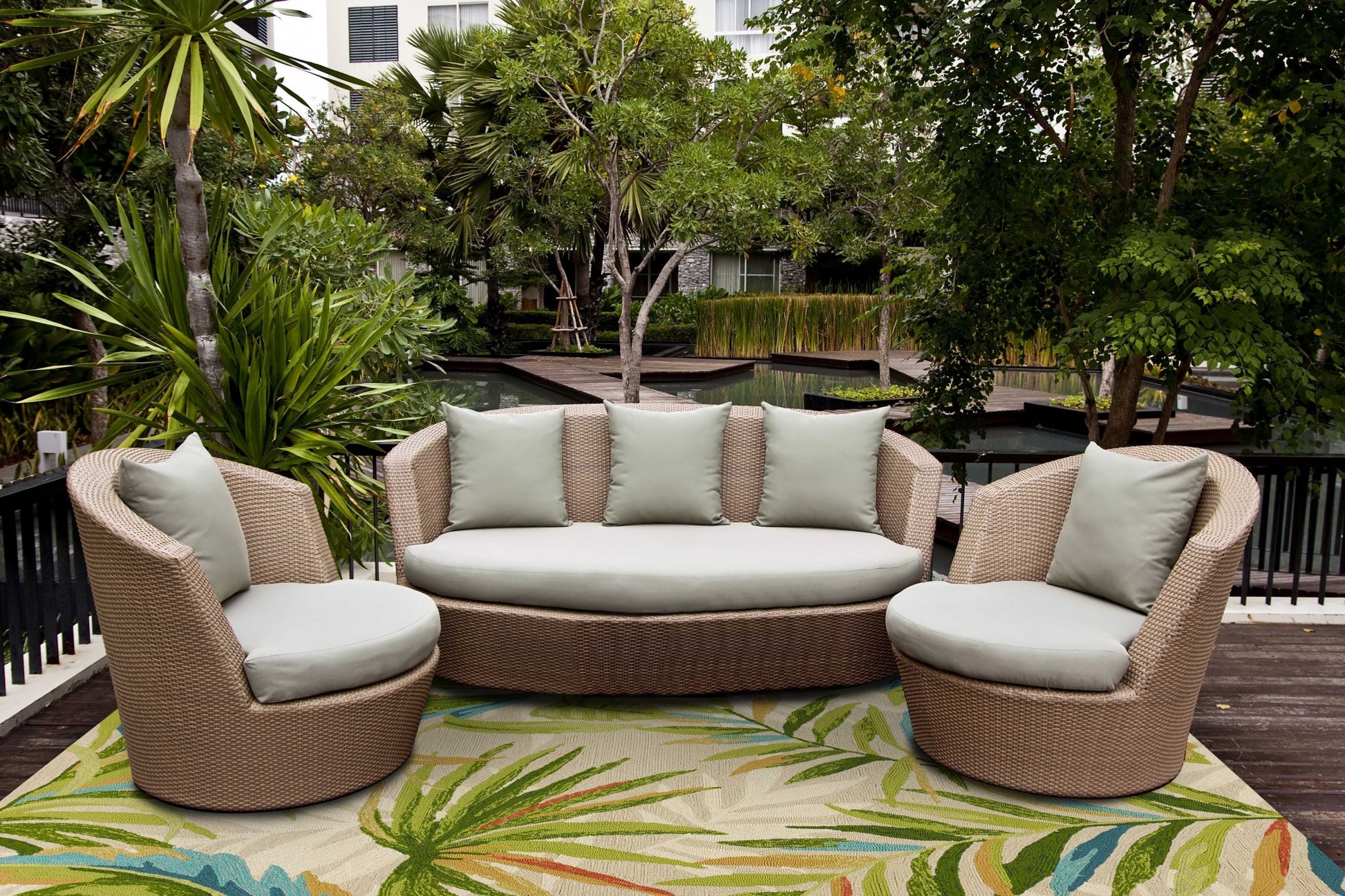 3' X 5' Sand Green And Blue Botanical Leaves Hand Tufted Area Rug-Area Rugs-DECOROLALA