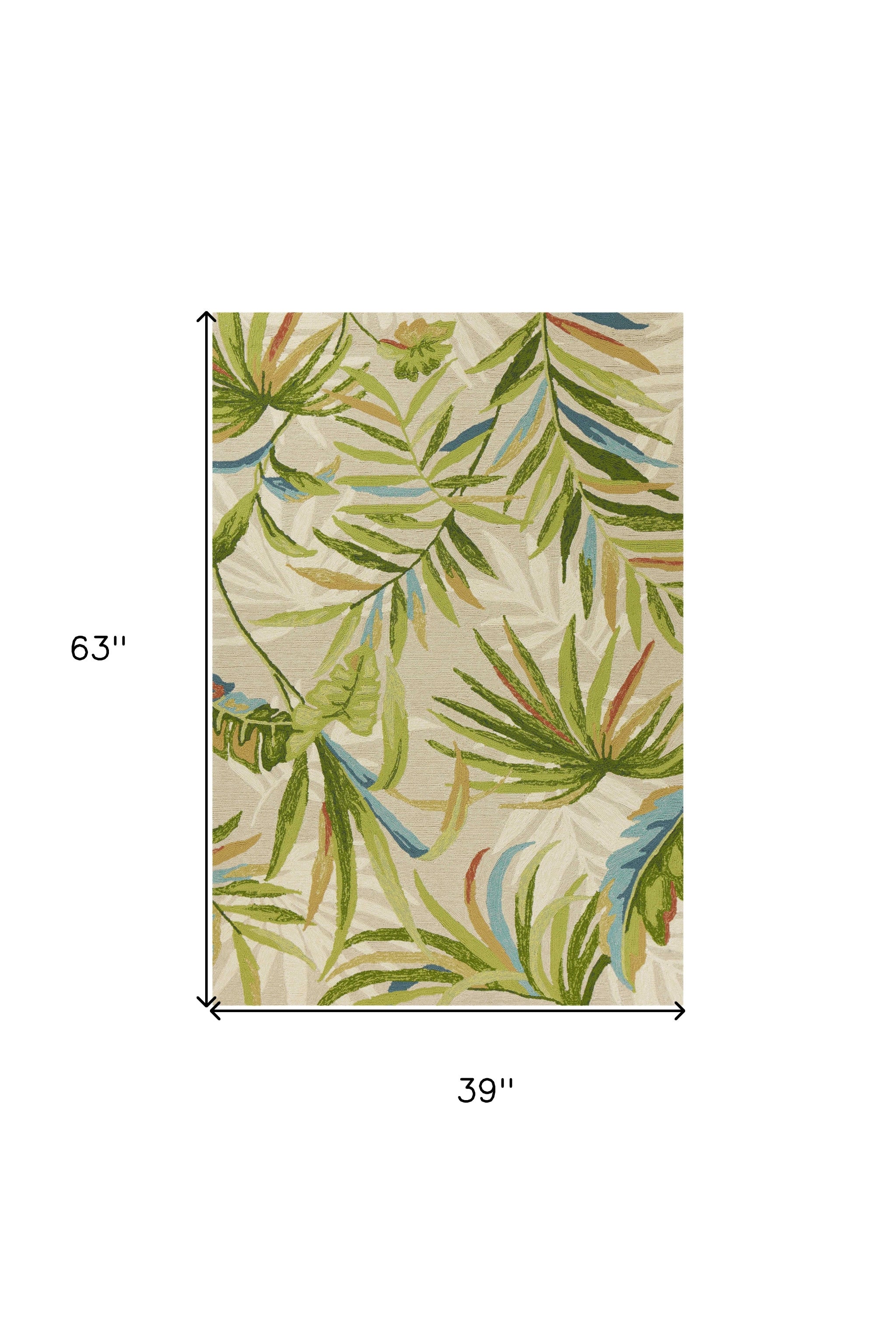 3' X 5' Sand Green And Blue Botanical Leaves Hand Tufted Area Rug-Area Rugs-DECOROLALA