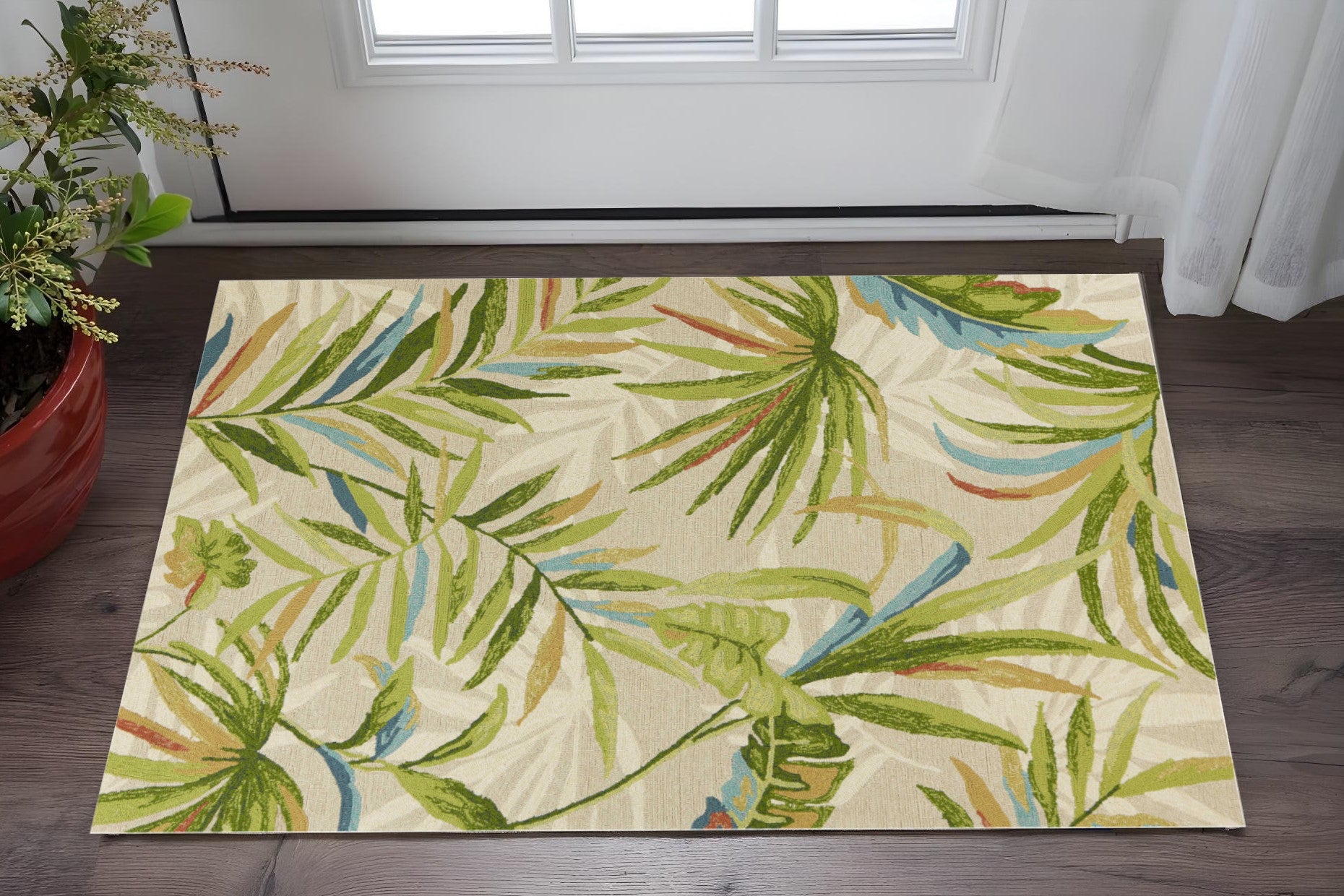 3' X 5' Sand Green And Blue Botanical Leaves Hand Tufted Area Rug-Area Rugs-DECOROLALA