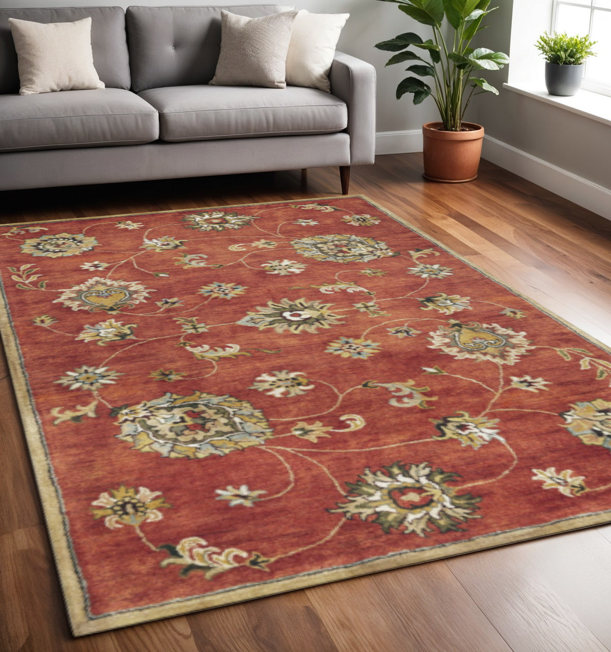 3' X 5' Sienna Gold And Green New Zealand Lambs Wool Floral Vines Hand Tufted Area Rug-Area Rugs-DECOROLALA