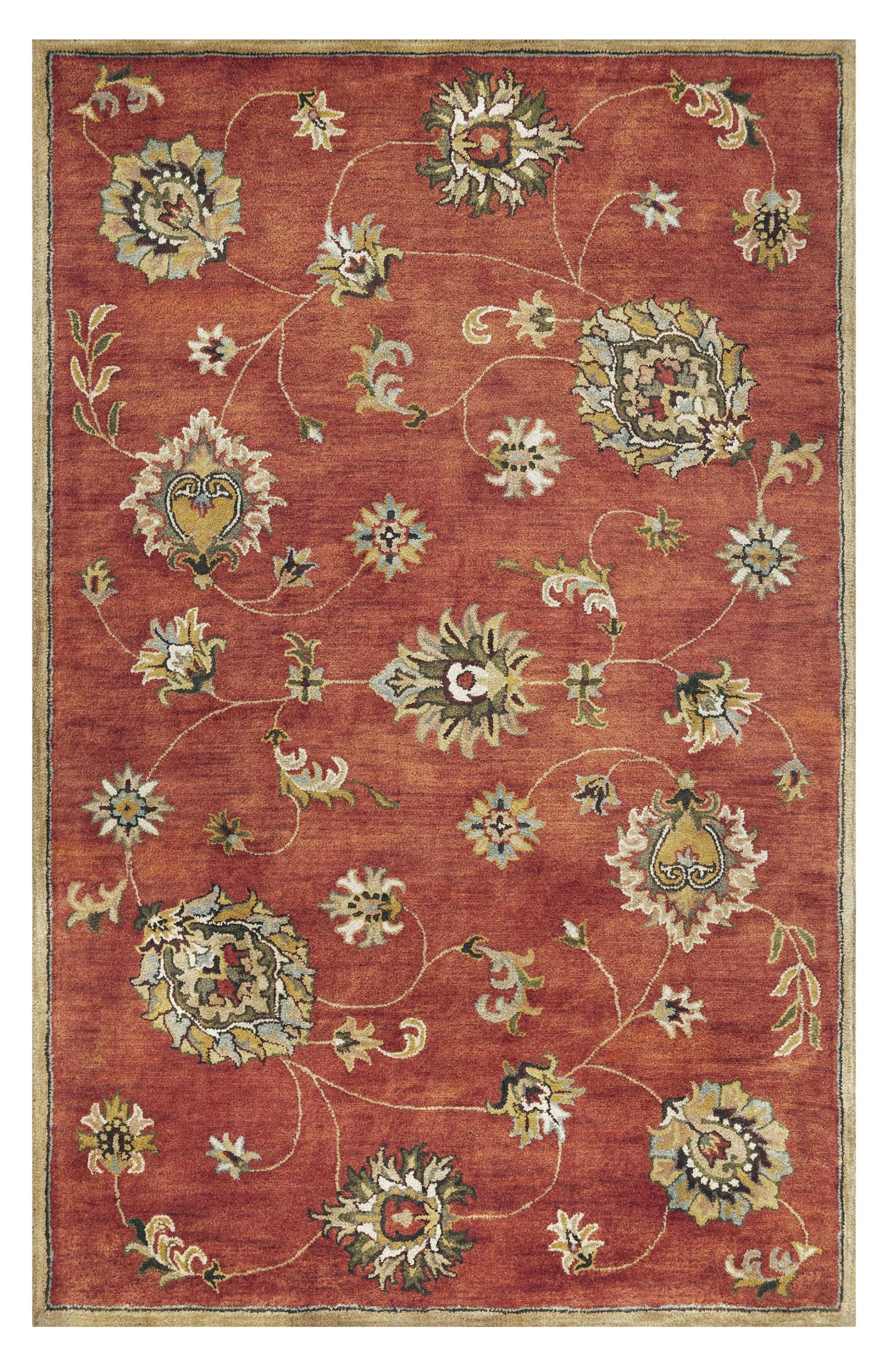 3' X 5' Sienna Gold And Green New Zealand Lambs Wool Floral Vines Hand Tufted Area Rug-Area Rugs-DECOROLALA