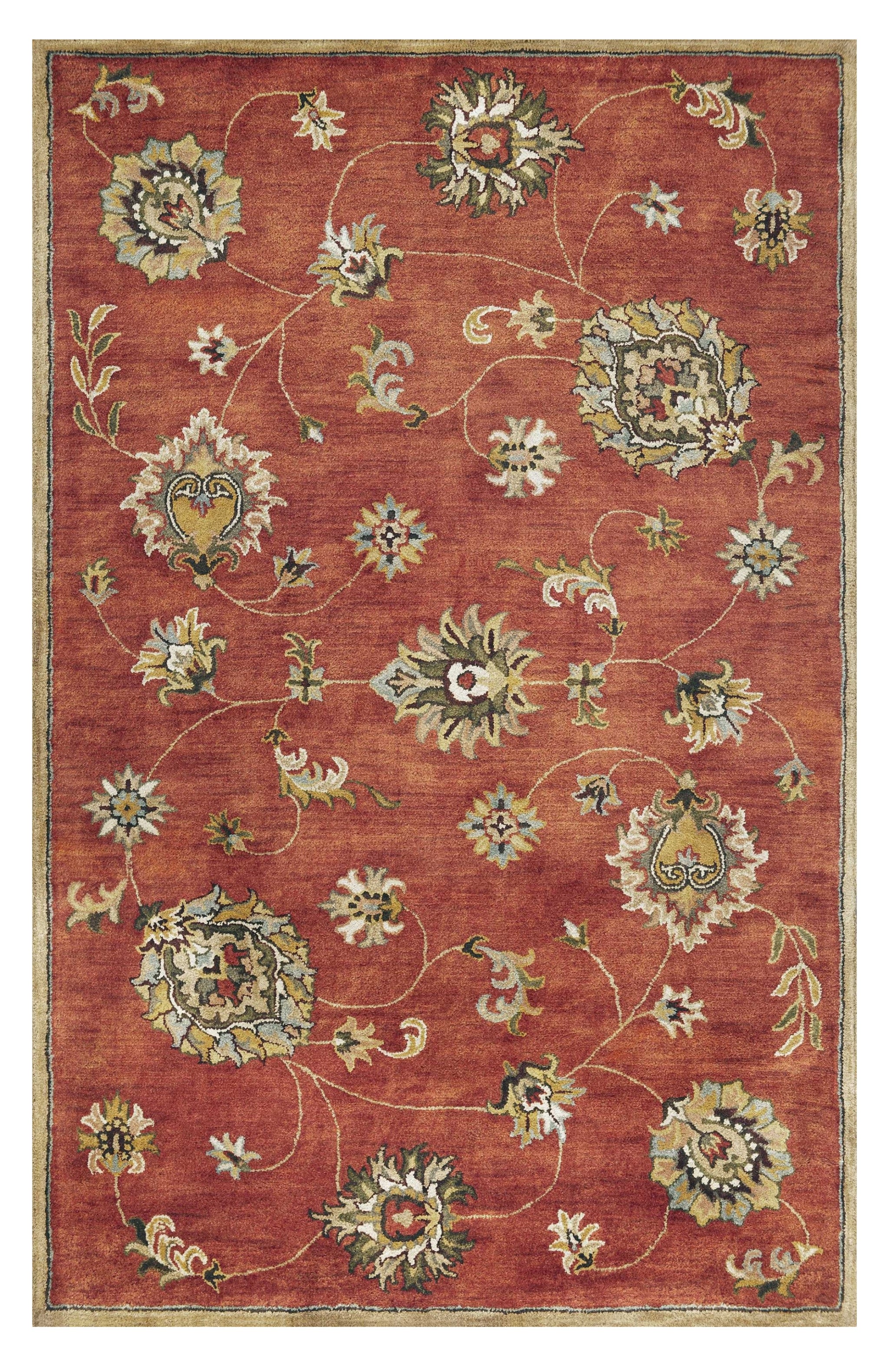3' X 5' Sienna Gold And Green New Zealand Lambs Wool Floral Vines Hand Tufted Area Rug-Area Rugs-DECOROLALA