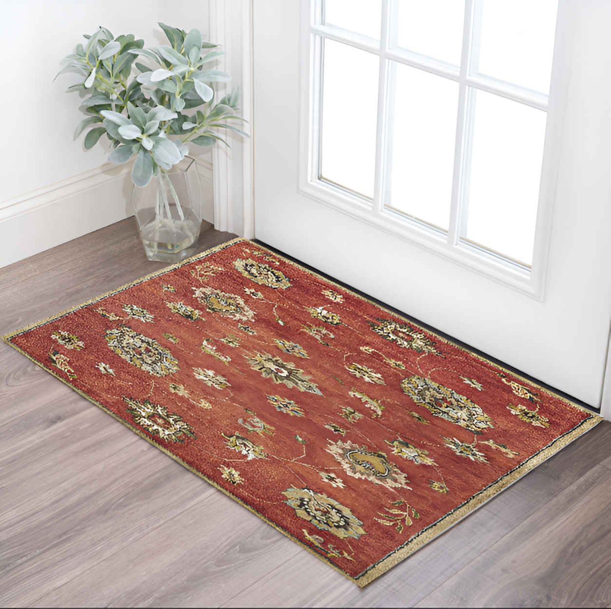 3' X 5' Sienna Gold And Green New Zealand Lambs Wool Floral Vines Hand Tufted Area Rug-Area Rugs-DECOROLALA