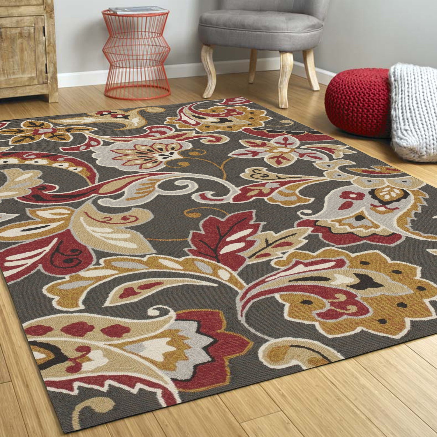 3' X 5' Taupe Red And Gray Floral Hand Tufted Area Rug-Area Rugs-DECOROLALA
