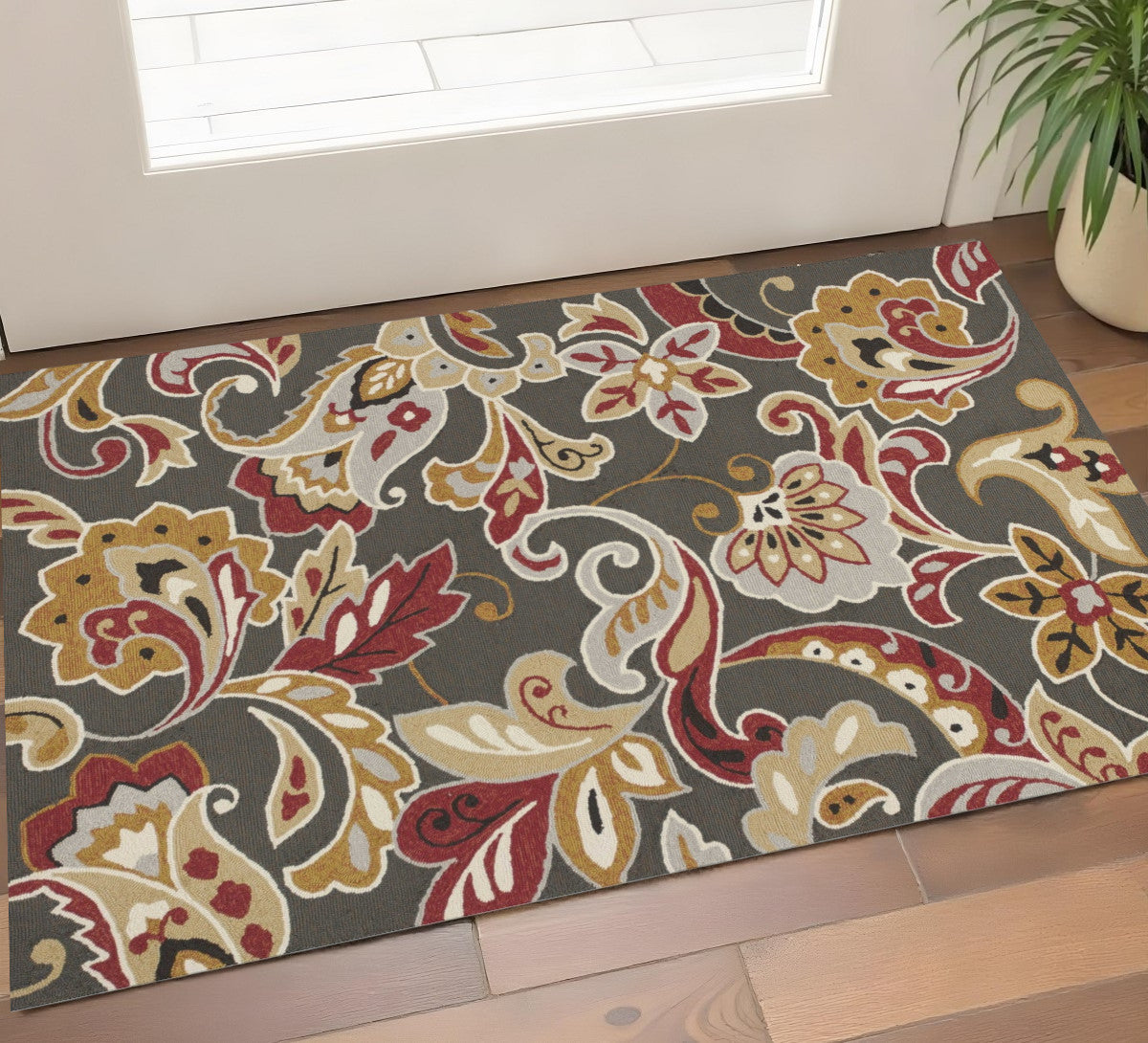 3' X 5' Taupe Red And Gray Floral Hand Tufted Area Rug-Area Rugs-DECOROLALA