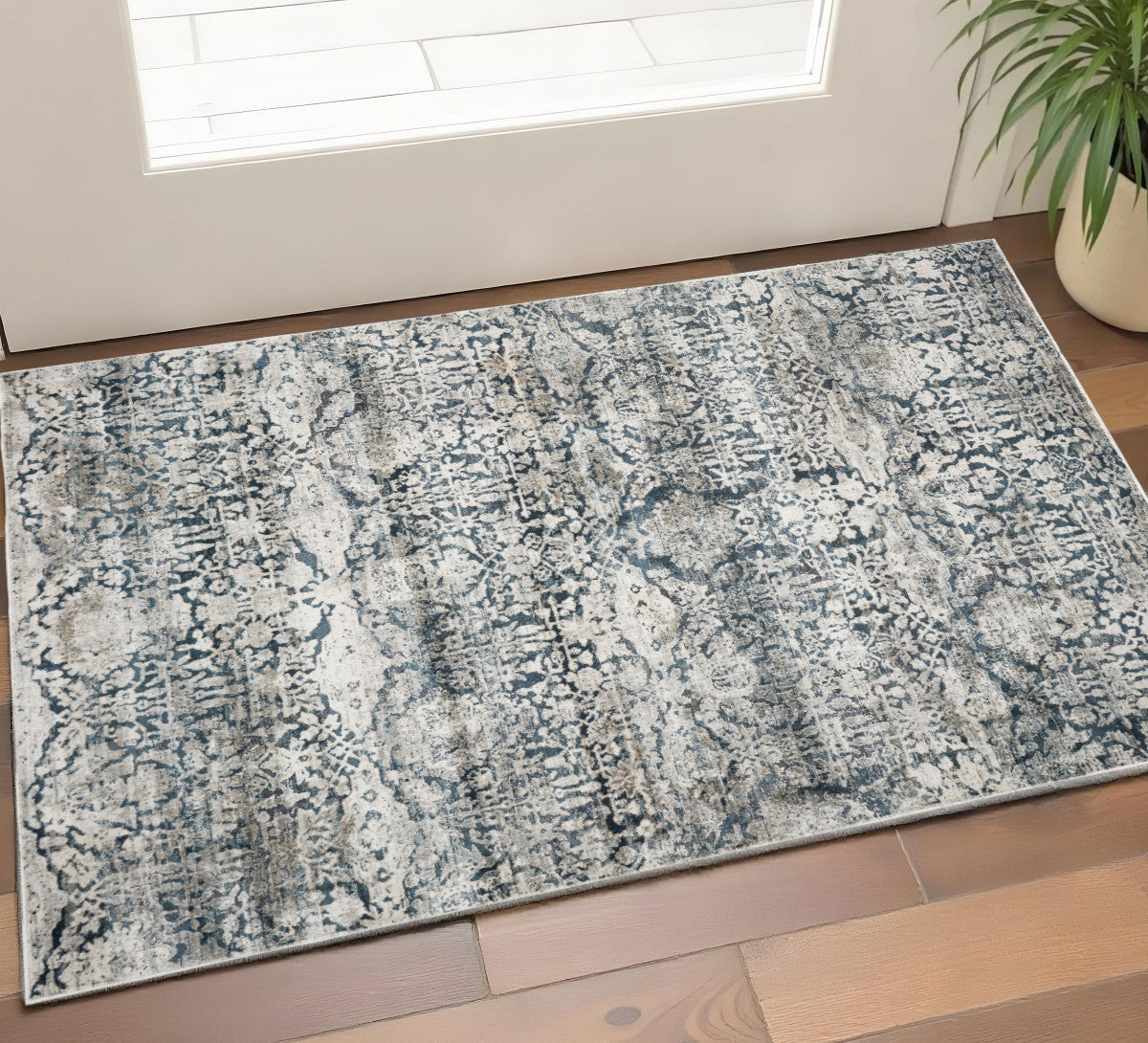 3' X 5' Teal And Ivory Floral Area Rug-Area Rugs-DECOROLALA