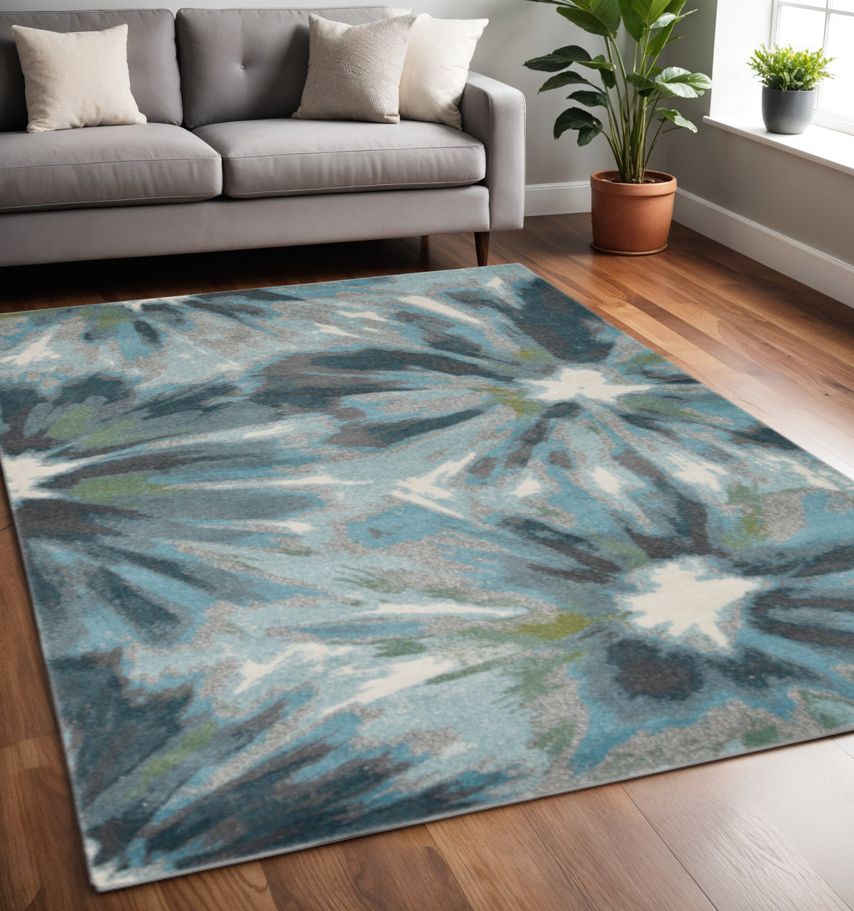 3' X 5' Teal Ivory And Gray Floral Area Rug-Area Rugs-DECOROLALA
