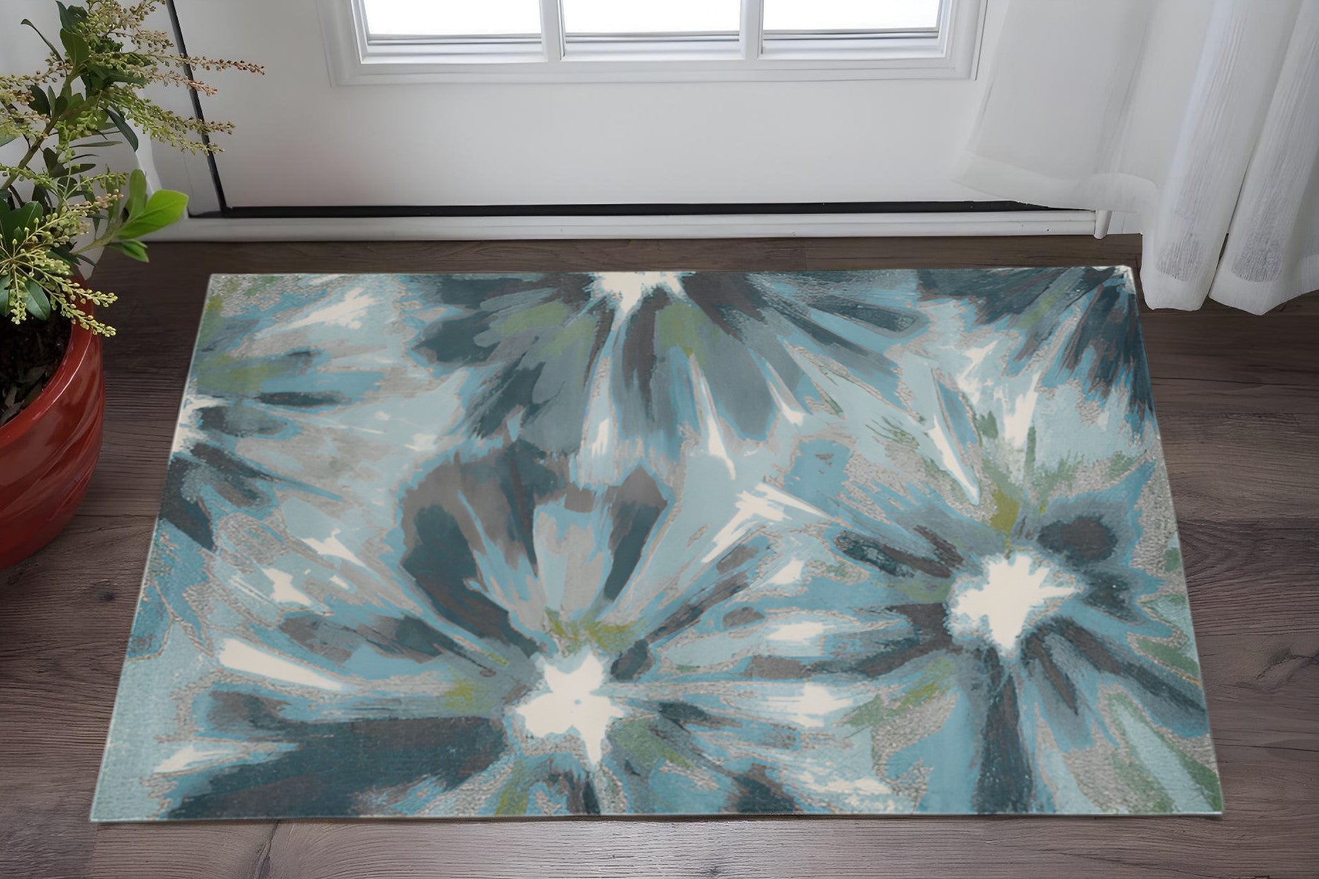 3' X 5' Teal Ivory And Gray Floral Area Rug-Area Rugs-DECOROLALA