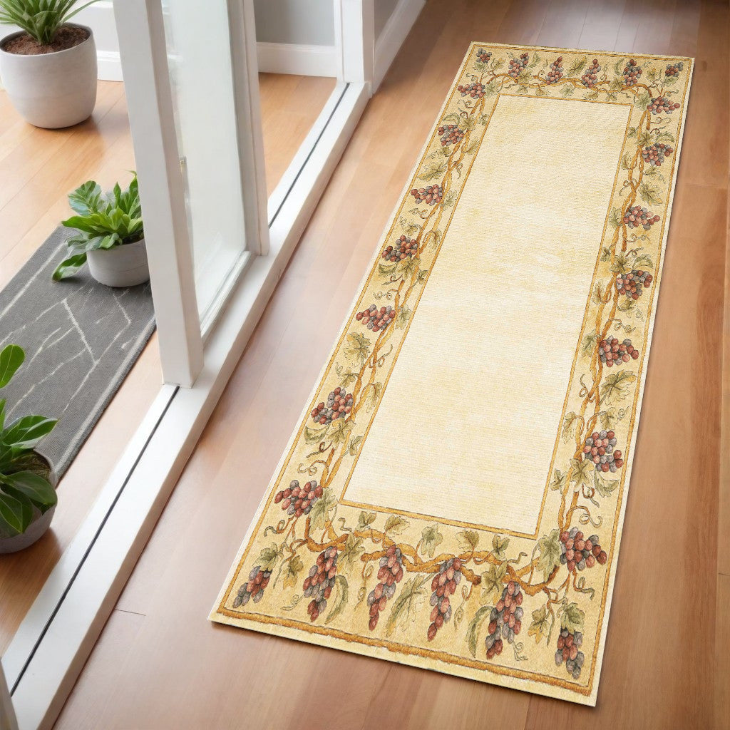 3' X 6' Ivory Brown And Green Wool Floral Vines Hand Tufted Area Rug-Area Rugs-DECOROLALA