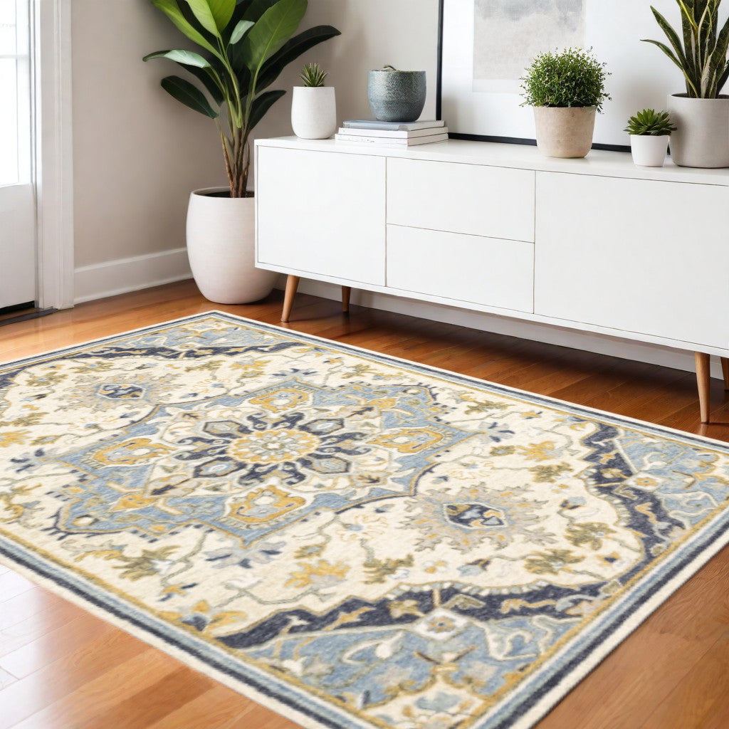 3' X 8' Blue And Ivory Bohemian Runner Rug-Area Rugs-DECOROLALA