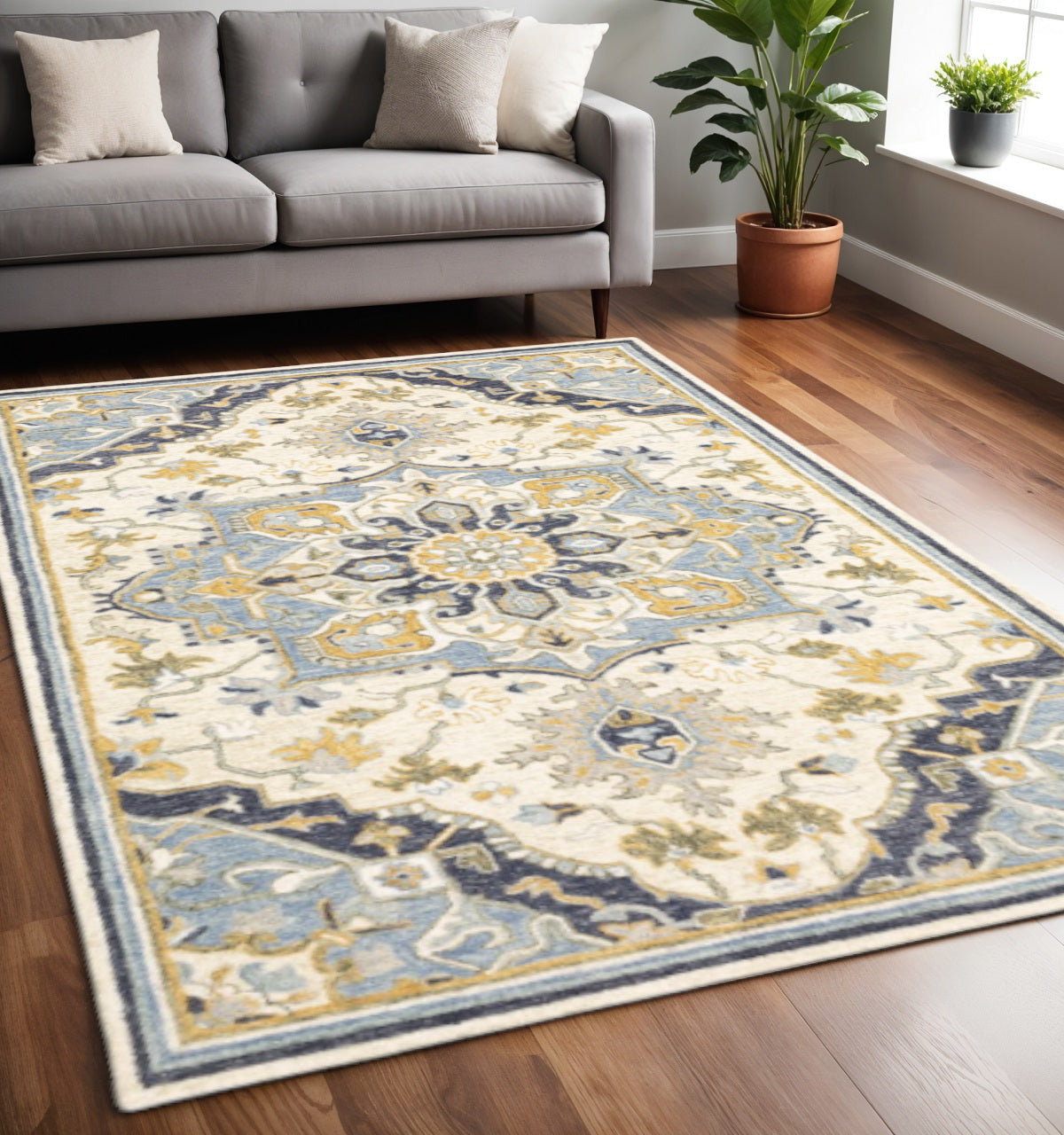 3' X 8' Blue And Ivory Bohemian Runner Rug-Area Rugs-DECOROLALA