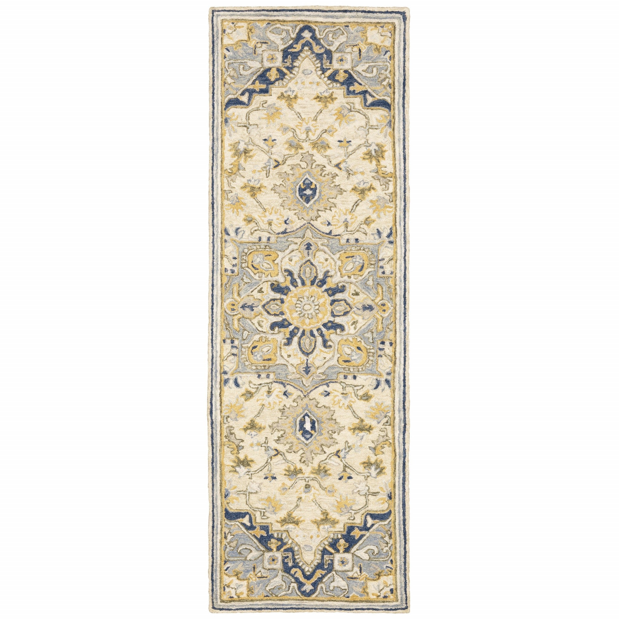 3' X 8' Blue And Ivory Bohemian Runner Rug-Area Rugs-DECOROLALA