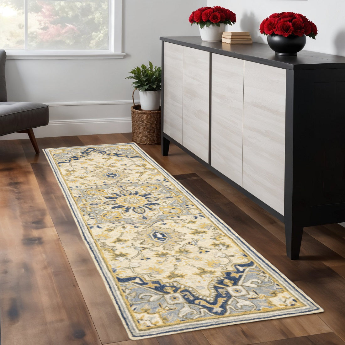 3' X 8' Blue And Ivory Bohemian Runner Rug-Area Rugs-DECOROLALA