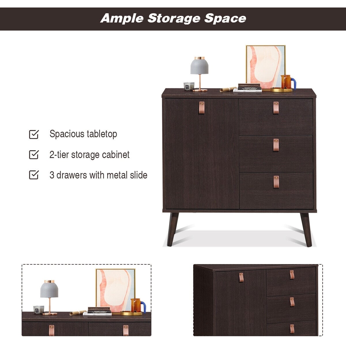 3-drawer Sideboard Storage Cabinet - Brown (min order qty 2)-Dressers & Chests-DECOROLALA