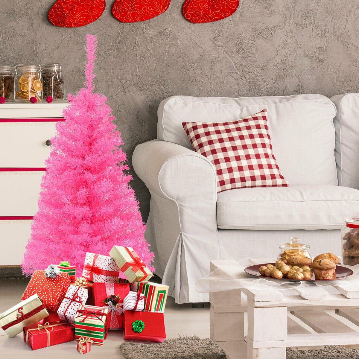 3 ft Premium Artificial Christmas Mini Tree with Stand-Pink-Christmas Trees-DECOROLALA