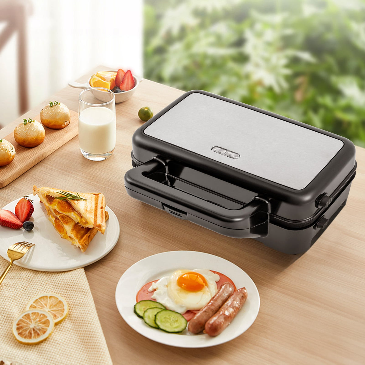 3-in-1 1082W Sandwich Maker with Removable Non-Stick Plates-Black-Small Appliances-DECOROLALA
