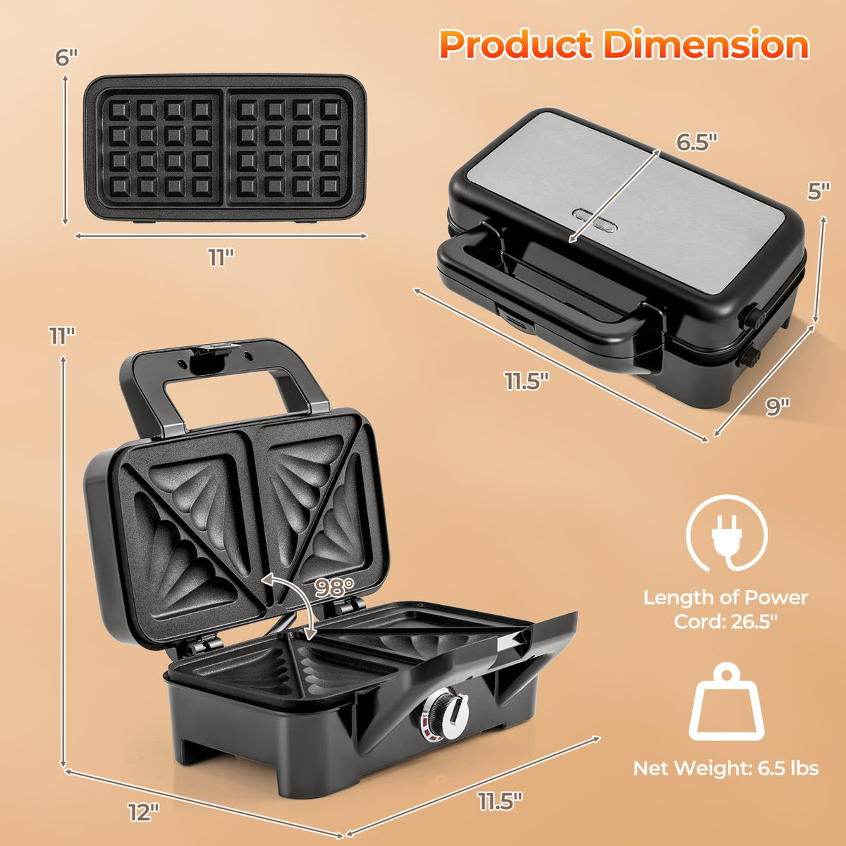3-in-1 1082W Sandwich Maker with Removable Non-Stick Plates-Black-Small Appliances-DECOROLALA