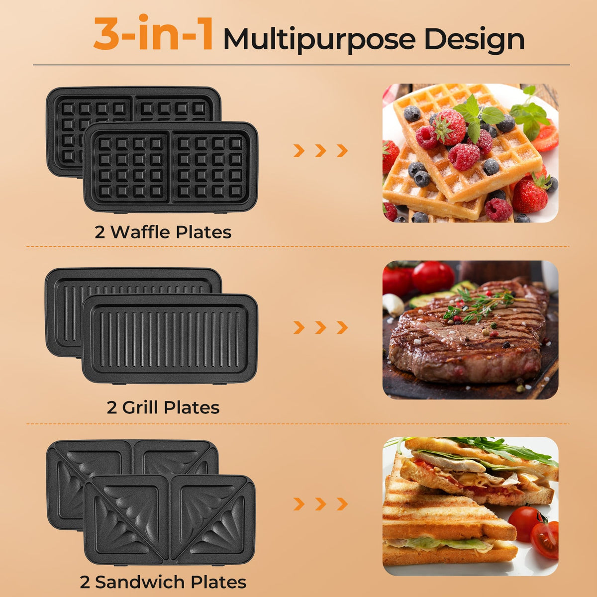 3-in-1 1082W Sandwich Maker with Removable Non-Stick Plates-Black-Small Appliances-DECOROLALA